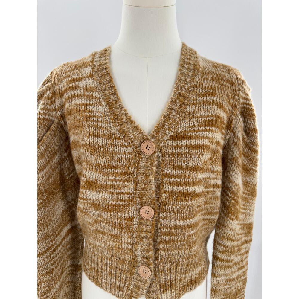 En Saison Gold White Marl Cardigan Sweater Crop Puff Sleeve Cardi Small